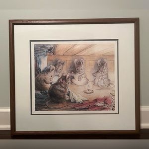 CUSTOM-FRAMED BEATRIX POTTER SEWING MICE ILLUSTRATION PRINT
